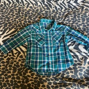 Wrangler Boys Shirt 4T Teal Blue Plaid Western Long Sleeve‎ Casual Button Down